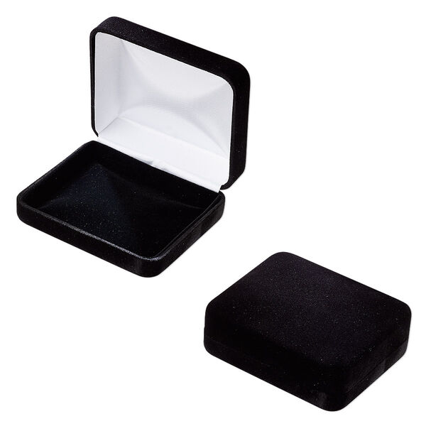 Box, bracelet / rosary, velvet / satin / steel, black and white, 4 x 3-1/4 x 1-3/8 inches. Sold individually. image number 0