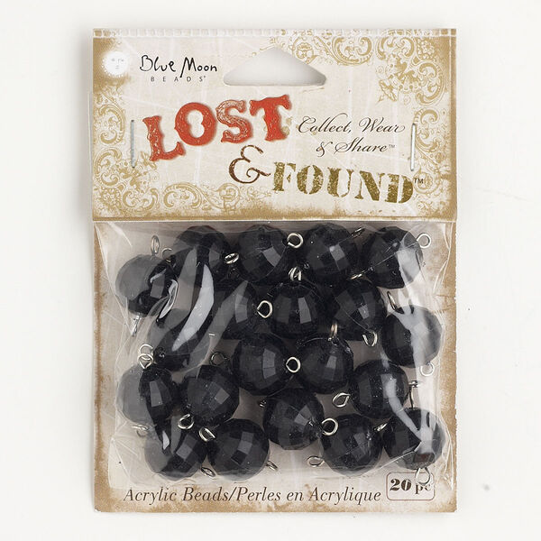 Link, acrylic and silver-finished steel, opaque black, 11-12mm faceted round. Sold per pkg of 20 links. image number 0