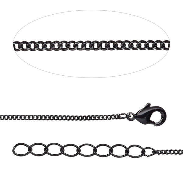 Chain, black-finished brass, 1.5mm curb, 18 inches with 1-1/4 inch extender chain and lobster claw clasp. Sold individually. image number 0