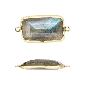 Link, labradorite (natural) and gold-finished sterling silver, 22x13mm two-sided faceted rectangle. Sold per pkg of 2.