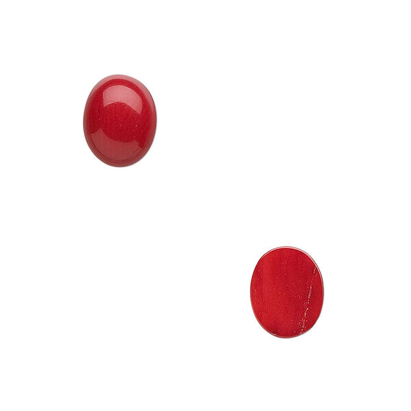 Cabochon, bamboo coral (dyed), red, 10x8mm calibrated oval, Mohs hardness 3-1/2 to 4. Sold per pkg of 2. image number 0