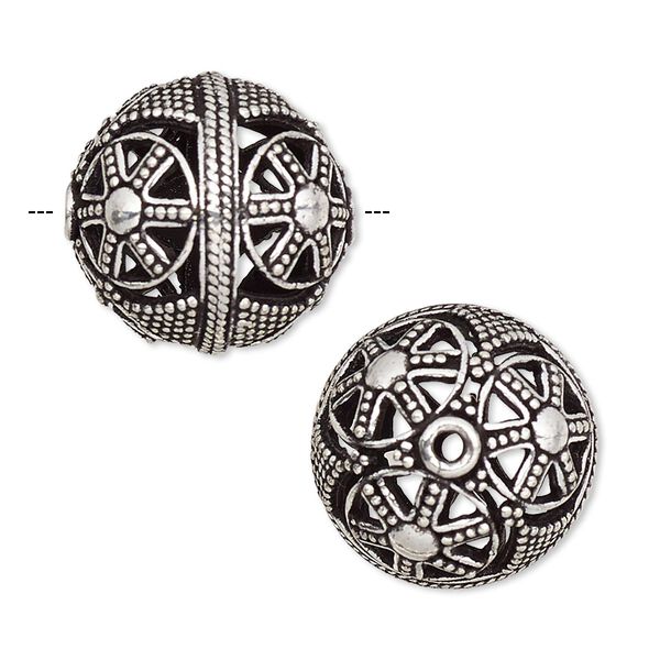 Bead, antique silver-plated brass, 19mm beaded round with circular and rope design and cutouts. Sold individually. image number 0