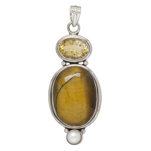 Pendant, cultured freshwater pearl (bleached) /  tigereye (natural) / citrine (heated) and sterling silver, 60x29mm oval and round. Sold individually.