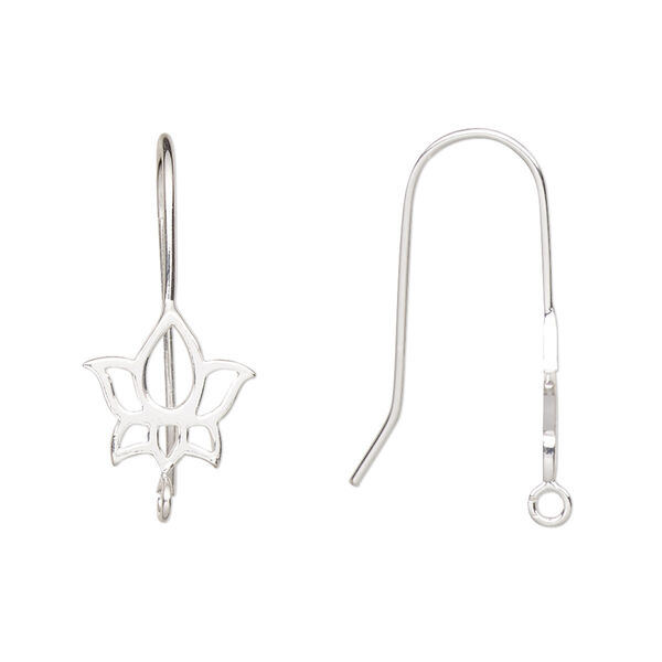 Ear wire, sterling silver, 26mm fishhook with lotus and open loop, 20 gauge. Sold per pair. image number 0