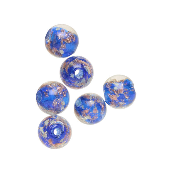 Bead, lampworked glass, clear / cobalt blue / glow-in-the-dark / gold, 8mm round. Sold per pkg of 6. image number 0