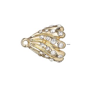 Cord end, glue-in, gold-finished "pewter" (zinc-based alloy) and glass rhinestone, clear, 18x17.5mm cone with swirl design, 10mm inside diameter. Sold per pkg of 2.