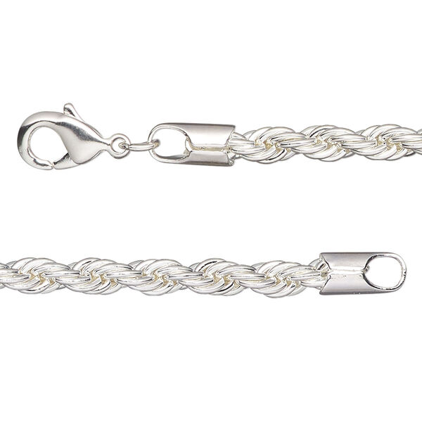 Chain, silver-plated brass, 4mm rope, 16 inches with lobster claw clasp. Sold individually. image number 0