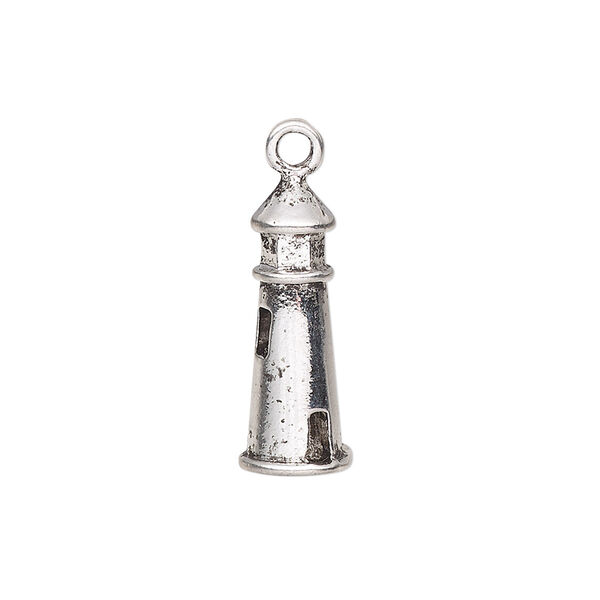 Charm, antique silver-finished pewter (tin-based alloy), 22x8.5mm 3D lighthouse. Sold per pkg of 2. image number 0