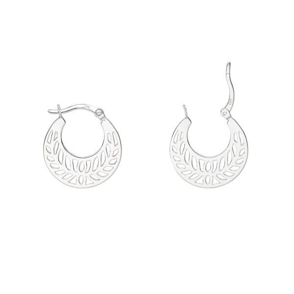 Earring, Create Compliments®, sterling silver, 21.5mm single-sided hoop with cutout leaf design and latch-back closure. Sold per pair. image number 0
