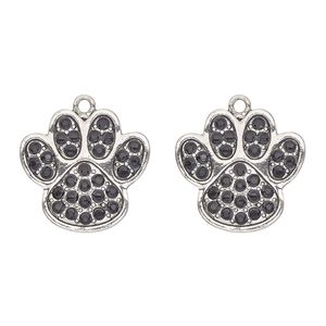 Charm, antique silver-finished "pewter" (zinc-based alloy) and glass, black, 24x23mm single-sided paw print. Sold per pkg of 2.