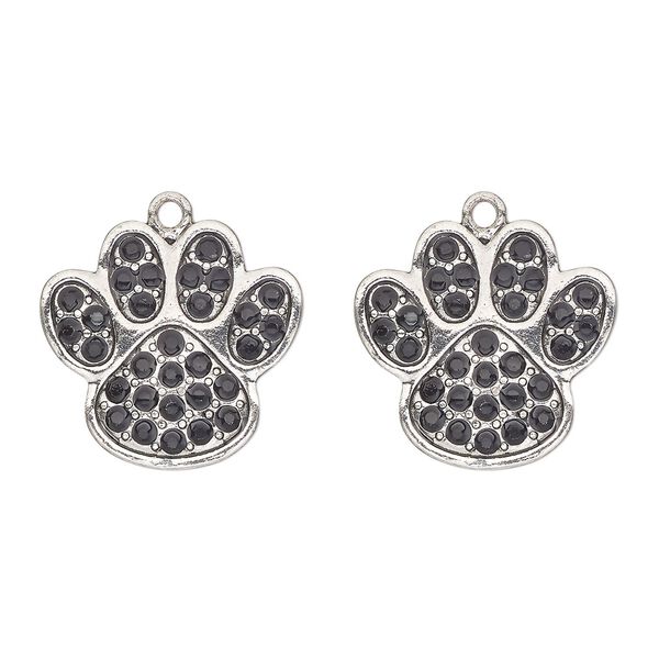 Charm, antique silver-finished "pewter" (zinc-based alloy) and glass, black, 24x23mm single-sided paw print. Sold per pkg of 2. image number 0