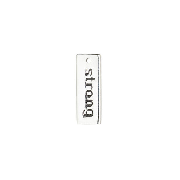 Drop, sterling silver and enamel, black, 17x6mm single-sided rectangle with "strong." Sold individually. image number 0