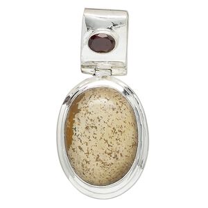 Pendant, picture jasper (natural) / garnet (natural) / sterling silver, 49x24mm oval. Sold individually.