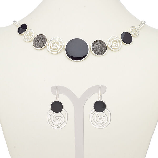 Necklace and earring set, enamel with silver-finished steel and "pewter" (zinc-based alloy), black and grey with glitter, matte round, 18-inch necklace with 2-inch extender chain and lobster claw clasp, 33mm earrings with leverback ear wire. Sold per set. image number 0
