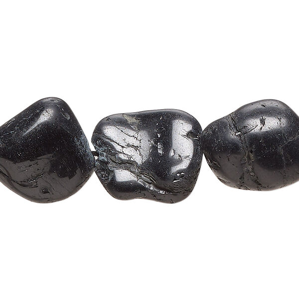 Bead, black tourmaline (natural), medium hand-cut partially polished tumbled nugget, Mohs hardness 7 to 7-1/2. Sold per 15-inch strand. image number 0