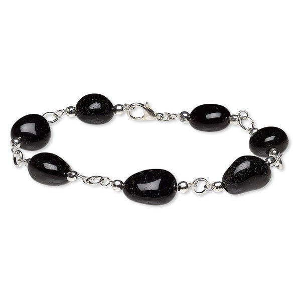 Bracelet, black agate (dyed) with silver-finished brass and steel, small to medium hand-cut nugget, 7-1/2 inches with lobster claw clasp. Sold individually. image number 0