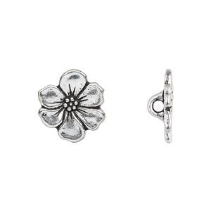 Button, TierraCast®, antique silver-plated pewter (tin-based alloy), 15x14mm flower with loop. Sold per pkg of 20.