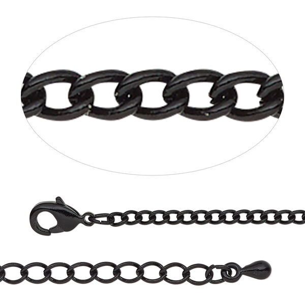 Chain, black-finished steel and brass, 2.2mm curb, 18 inches with 2-inch extender chain and lobster claw clasp. Sold individually. image number 0