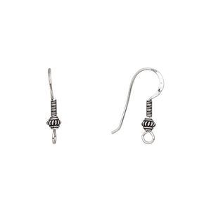 Ear wire fishhook 1pkg4 sterling silver, 26mm / 5mm fancy round / 5mm coil / open loop, 20 gauge antiqued 2 pair