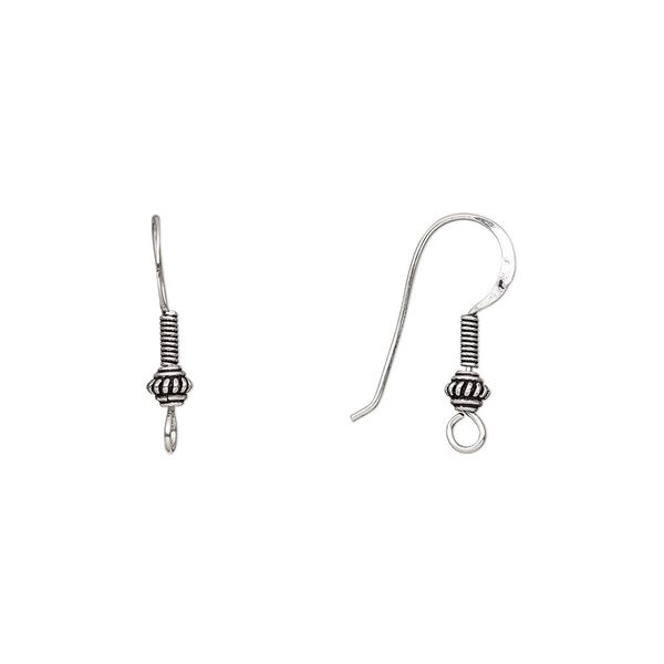 Ear wire fishhook 1pkg4 sterling silver, 26mm / 5mm fancy round / 5mm coil / open loop, 20 gauge antiqued 2 pair image number 0