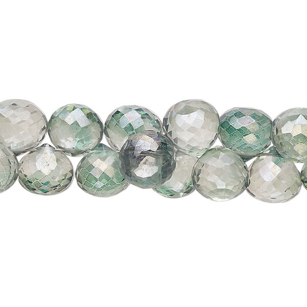 Bead, quartz crystal (coated), green, 7-9mm hand-cut top-drilled faceted teardrop, B grade, Mohs hardness 7. Sold per 7-inch strand, approximately 50 beads. image number 0