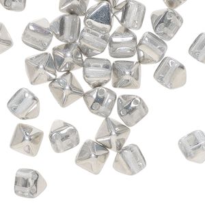 Preciosa Czech pressed glass 1pkg30, pyramid spacer bead silver / clear 6x6mm