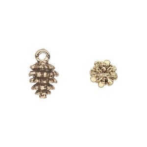 Charm, pewter (tin-based alloy), pkg/1, antique gold plate, 10.5x9mm double-sided fir cone.