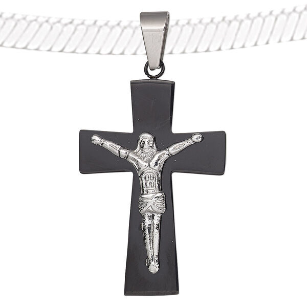 Pendant, stainless steel and black-plated stainless steel, 44x27mm crucifix. Sold individually. image number 0
