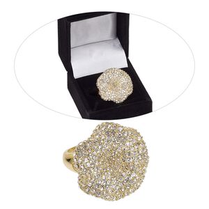 Ring, Czech glass rhinestone and gold-finished brass, clear, 26.5mm flower, size 8. Sold individually.