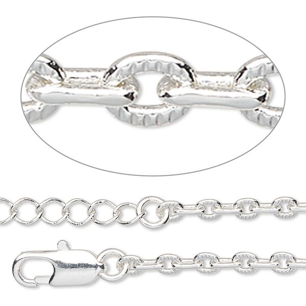 Chain, silver-plated brass, 3mm textured cable, 36 inches with lobster claw clasp and 1 to 3 inches extender chain. Sold individually. image number 0