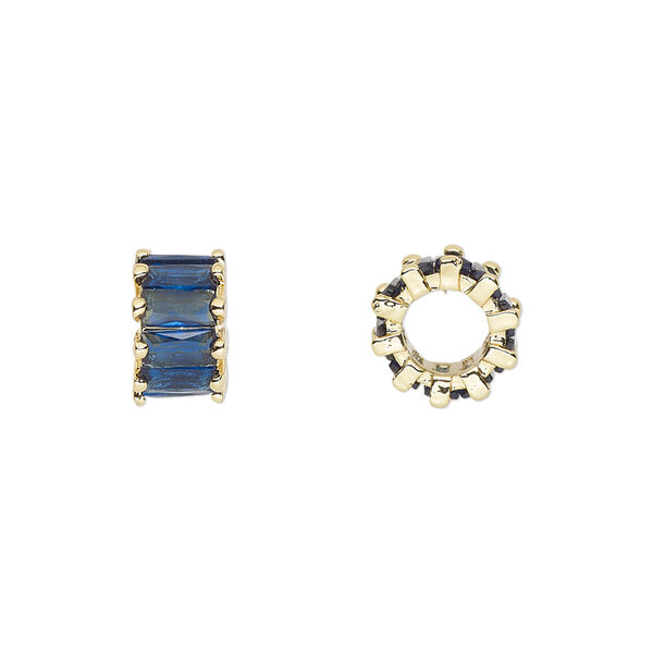 Bead, cubic zirconia and gold-plated brass, sapphire, 10.5x6mm rondelle. Sold per pkg of 2. image number 0