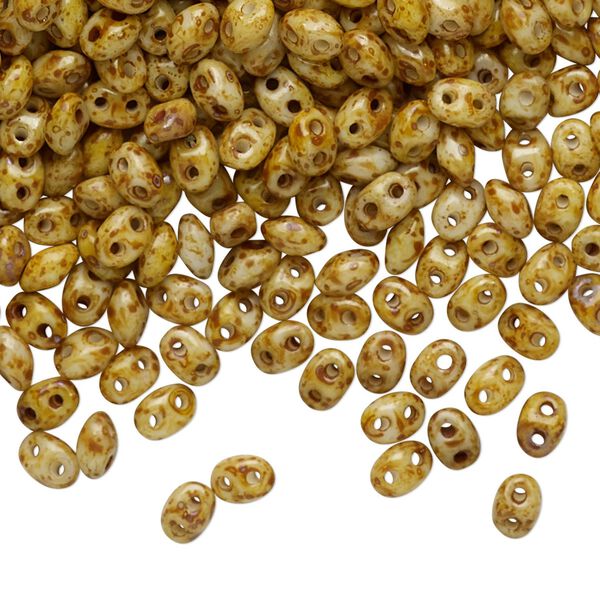 Bead, Preciosa Twin™, Pressed Twin, Czech pressed glass, opaque cream travertine, 5x2.5mm oval with 2 holes. Sold per 50-gram pkg. image number 0