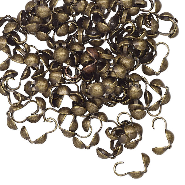 Bead tip, antique brass-finished brass, 8x4mm bottom clamp-on with open loop. Sold per pkg of 100. image number 0