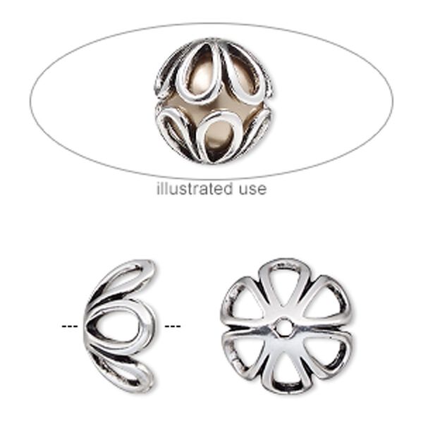 Bead cage, antique silver-plated "pewter" (zinc-based alloy), 14mm round with teardrop cutout design, fits up to 10mm bead. Sold per 2-piece set. image number 0