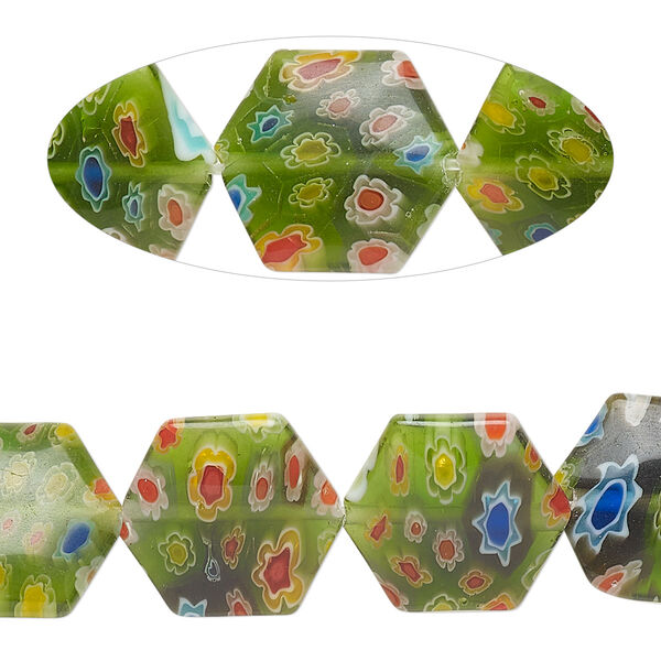 Bead, millefiori glass, translucent dark green and multicolored, 14-15mm puffed hexagon with flower and starburst design. Sold per 14-inch strand. image number 0
