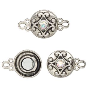 Clasp magnetic 1pkg2 "pewter" (zinc alloy), 12mm double-sided round, AB / antique silver-finished / clear rhinestone 1-strand