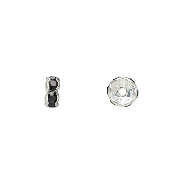 Bead, glass rhinestone and silver-plated brass, black, 6x3mm rondelle. Sold per pkg of 10. image number 0