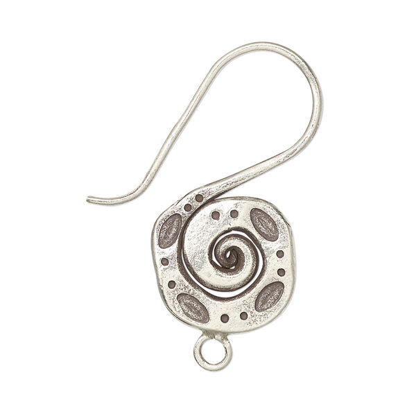 Ear wire, Hill Tribes, antiqued sterling silver, 34mm fishhook with spiral and stamped dot design with closed loop, 17 gauge. Sold per pair. image number 0