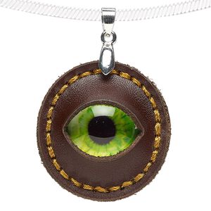 Pendant, leather (dyed) / glass / silver-plated brass, green and multicolored, 32mm single-sided round with dragon eye. Sold individually.