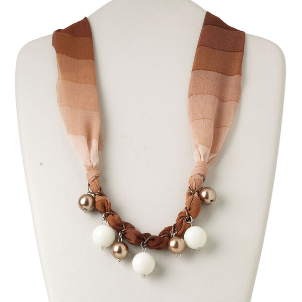 Necklace, polyester / acrylic / antiqued copper-coated plastic / silver- and antiqued copper-finished steel, brown and white, 17mm round, 24 inches with 2-inch extender chain and lobster claw clasp. Sold individually. image number 0