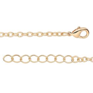 Chain, gold-finished brass, 2.5mm cable, 16 inches with 1-1/4 inch extender chain and lobster claw clasp. Sold per pkg of 4.