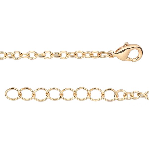 Chain, gold-finished brass, 2.5mm cable, 16 inches with 1-1/4 inch extender chain and lobster claw clasp. Sold per pkg of 4. image number 0