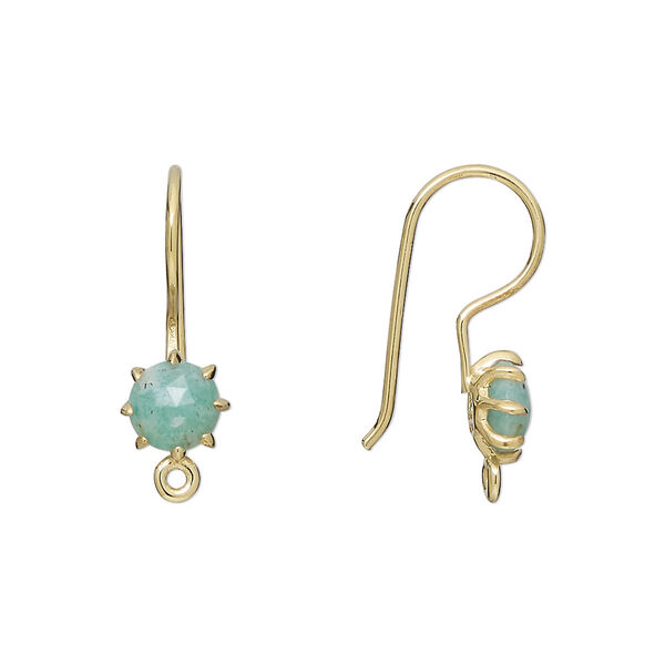 Ear wire, amazonite (natural) and gold-finished sterling silver, 22mm fishhook with 7.5mm hand-cut faceted round and closed loop, 19 gauge. Sold per pair. image number 0