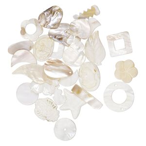 Focal / drop / bead mix, mother-of-pearl shell and blister pearl shell (bleached), 29x11mm-45x33mm mixed shapes, Mohs hardness 3-1/2. Sold per 1/4 pound pkg, approximately 25 pieces.