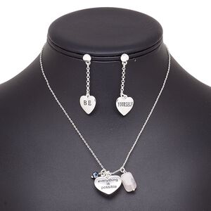 Necklace and earring set, rose quartz (natural) / glass / silver-plated brass / steel / "pewter" (zinc-based alloy), black hematite, heart, 15" to 16" necklace with 2-inch extender chain and lobster claw clasp, 45mm earrings with post. Sold per set.
