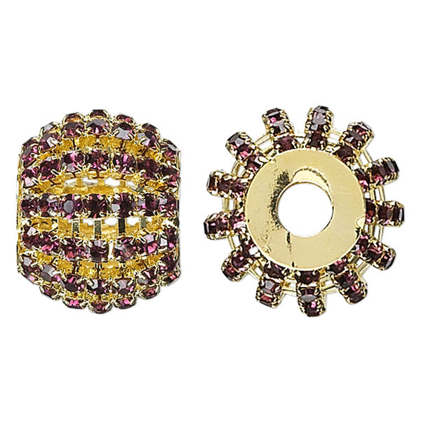 Bead, glass rhinestone and gold-finished brass, purple, 25x20mm barrel with 3mm chatons, 6.5mm hole. Sold individually. image number 0