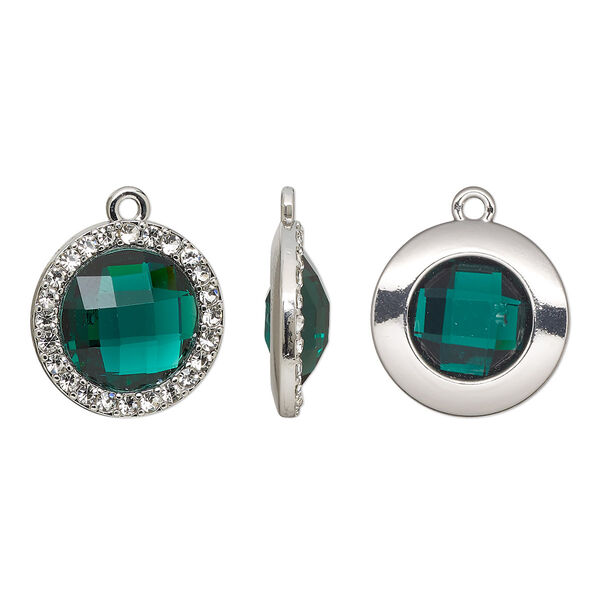 Drop, glass / glass rhinestone / imitation rhodium-finished "pewter" (zinc-based alloy), clear and transparent emerald green, 19mm single-sided round. Sold per pkg of 2. image number 0