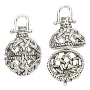 Drop, antique silver-finished brass, 27x20mm round bead cage with cutout woven design and safety latch, fits up to 15mm bead. Sold individually.