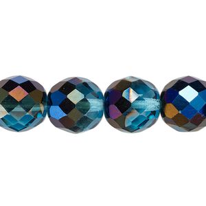 Bead, Czech fire-polished glass, pkg/15-1/2 to 16 inches, 12mm faceted round, teal blue iris, (60010-22201).