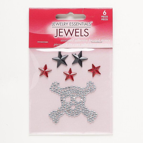Flat back, self-adhesive acrylic, clear / black / red, 11x11mm faceted star / 13x13mm faceted star / 40x35mm skull and crossbones. Sold per pkg of 6. image number 0